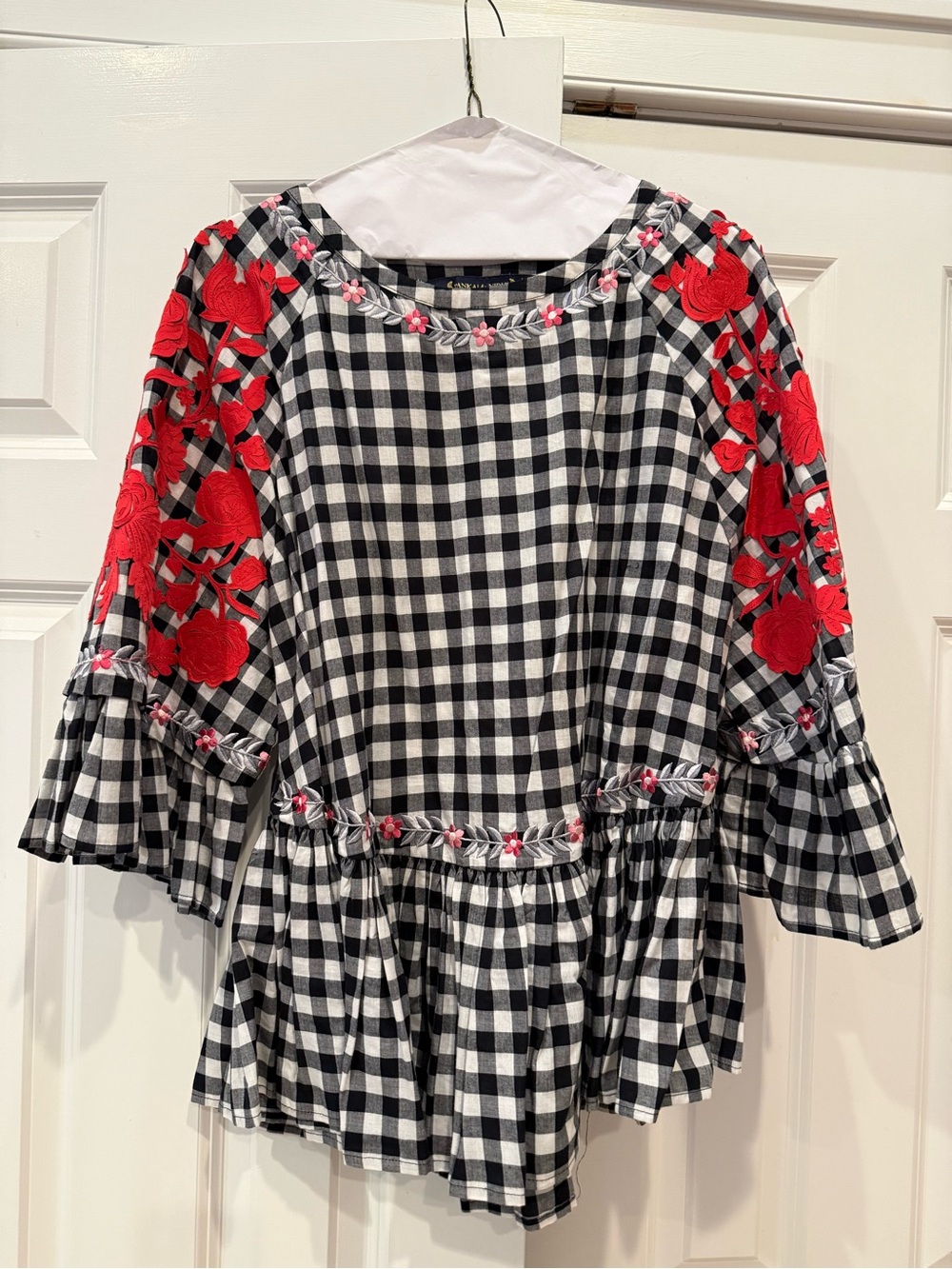 Black & White Gingham Peplum Blouse with Red Floral Embroidery